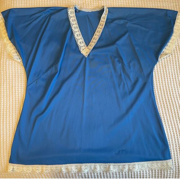 VTG Hand Made Blue Lace Trim 3 Piece Pajama Sleep Set Robe Shirt & Pants Small - Picture 9 of 12